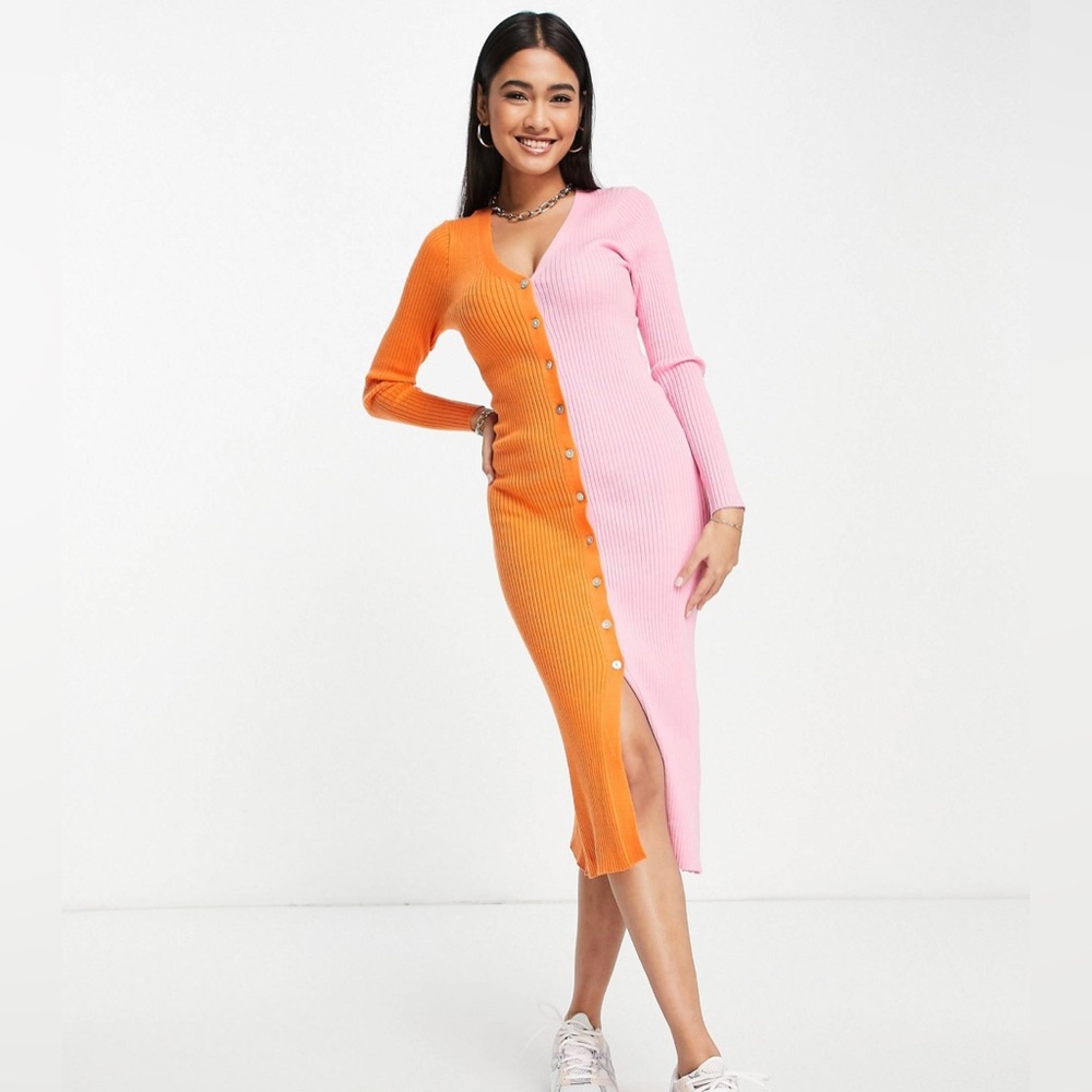 Y.A.S. Knit Button Color Block Dress in Pink Orange Size M